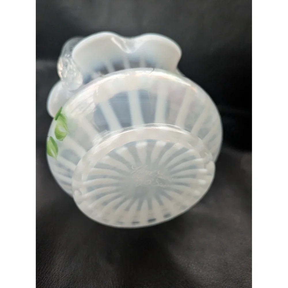 Fenton Basket French Opalescent Cottage Roses Hand Painted J D Davis 8 Inch